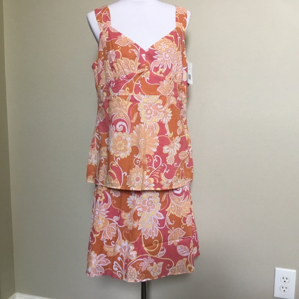 NWT $90 LIZ & CO coral print Top & Skirt set L 12